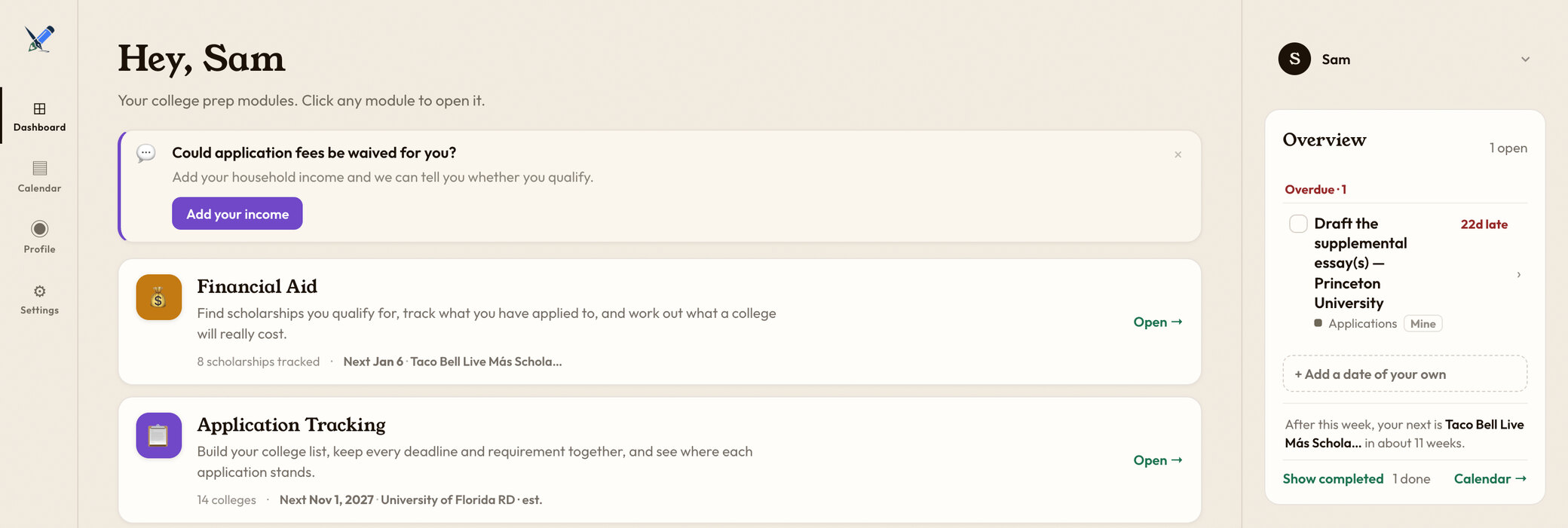 The Edvifi dashboard, showing a Financial Aid module with 8 scholarships tracked, an Application Tracking module with 14 colleges and a next deadline of November 1, 2027, and a panel listing an overdue Princeton supplemental essay.